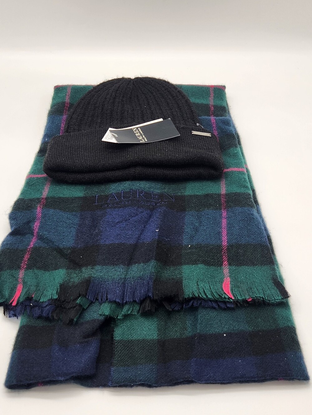 NWT Lauren Ralph Lauren 2 Piece Set Blackwatch Plaid Blanket Scarf & Beanie